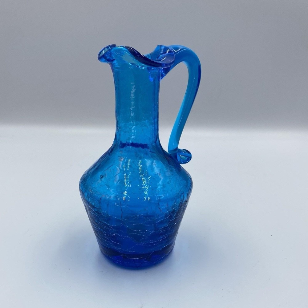 Vintage MCM Handblown Art Glass Blue Crackle Cruet Bottle Vase by Pilgrim ‎ 5"